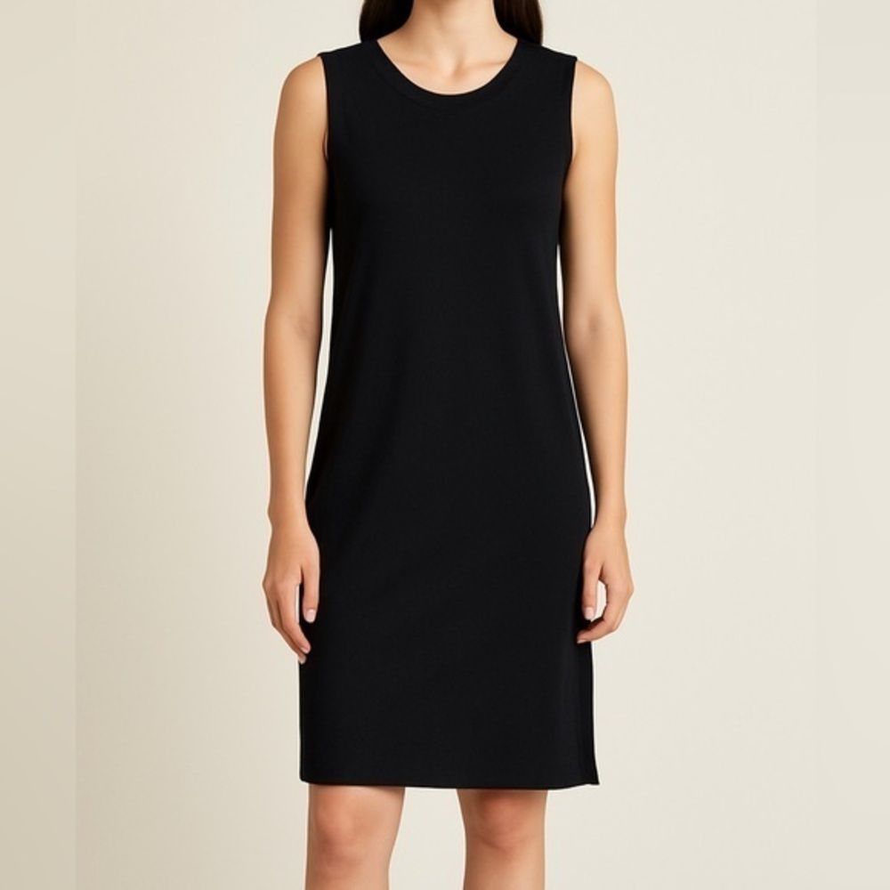 Eileen Fisher Black Jersey Sleeveless Minimalist Mini Shirt Dress